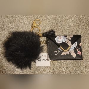 NEW WITH TAGS Aldo floral card case black puff keychain